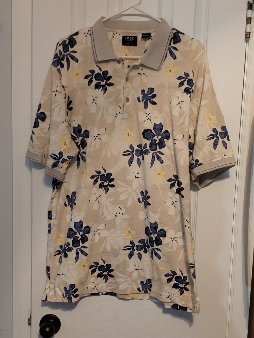 Izod Beige Polo with Navy Blue Floral Print and Cream & Yellow Accents Sz XL